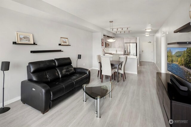 living room featuring hardwood / wood-style floors and track lighting