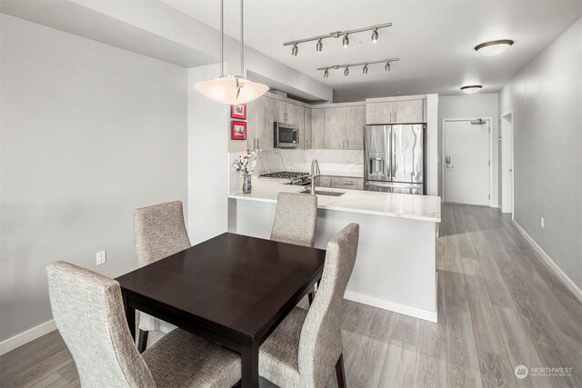 dining room featuring track lighting, sink, and light hardwood / wood-style floors