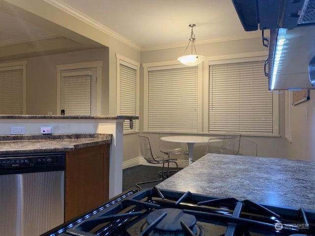 kitchen featuring stainless steel dishwasher, ornamental molding, and decorative light fixtures