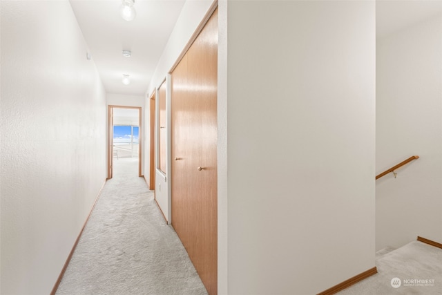 hallway featuring light colored carpet