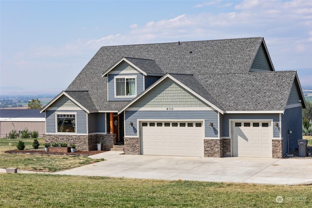 craftsman-style house featuring a garage, concrete driveway, roof with shingles, and stone siding