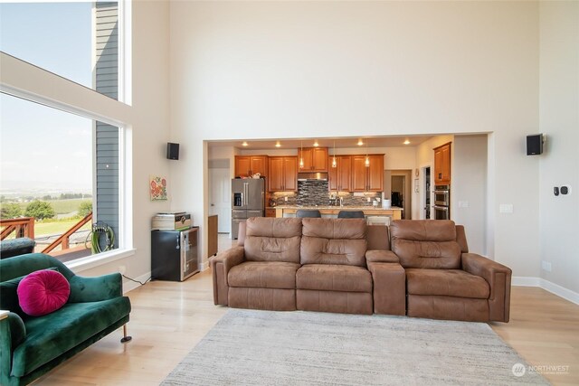 living room featuring a towering ceiling and light hardwood / wood-style flooring