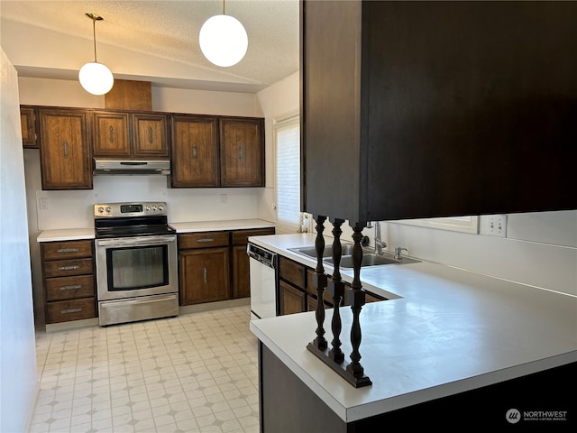 kitchen with white dishwasher, sink, stainless steel range with electric cooktop, and decorative light fixtures