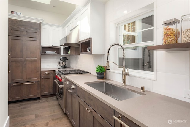 kitchen with dark wood-type flooring, white cabinets, sink, tasteful backsplash, and premium appliances