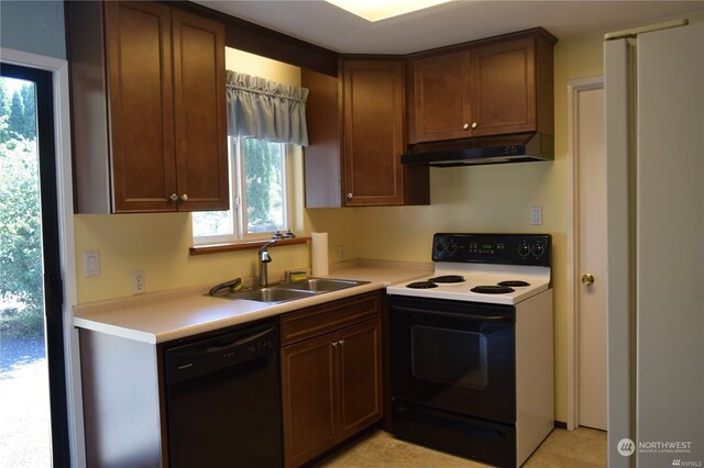 kitchen featuring sink, black dishwasher, electric stove, and light tile patterned floors