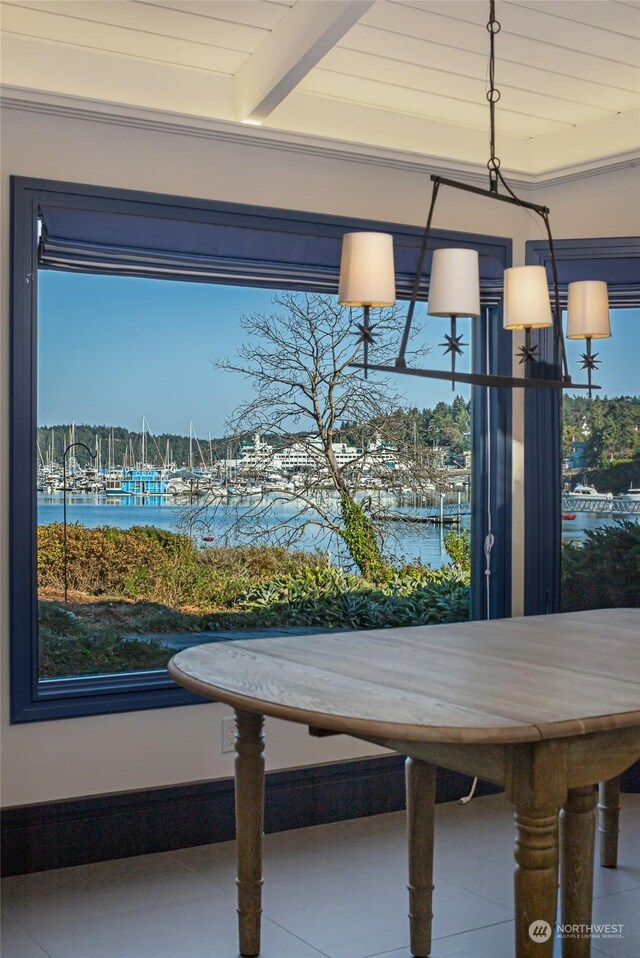 470 Friday Ave, Friday Harbor, WA 98250 - unfurnished dining area with beam ceiling and a water view