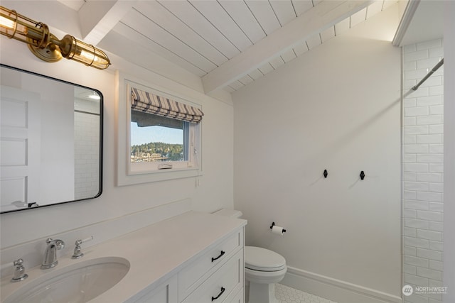 bathroom with toilet, a shower, lofted ceiling with beams, and vanity