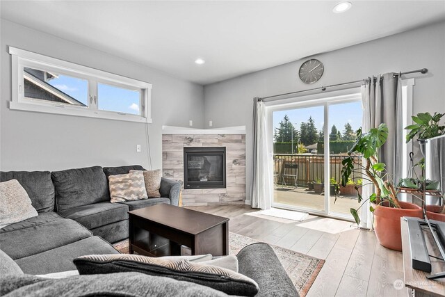 living room featuring a healthy amount of sunlight, a tiled fireplace, and light hardwood / wood-style floors