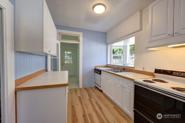 kitchen featuring sink, stainless steel dishwasher, white cabinets, and electric stove