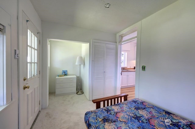 carpeted bedroom featuring sink, a closet, and a textured ceiling