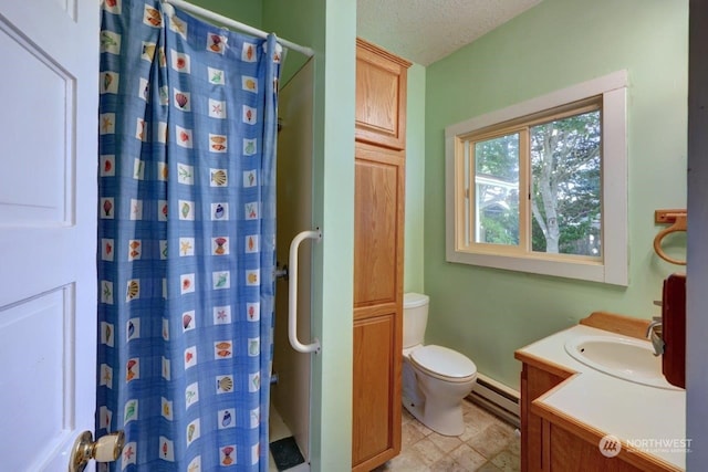 bathroom featuring a baseboard heating unit, vanity, a textured ceiling, a shower with curtain, and toilet