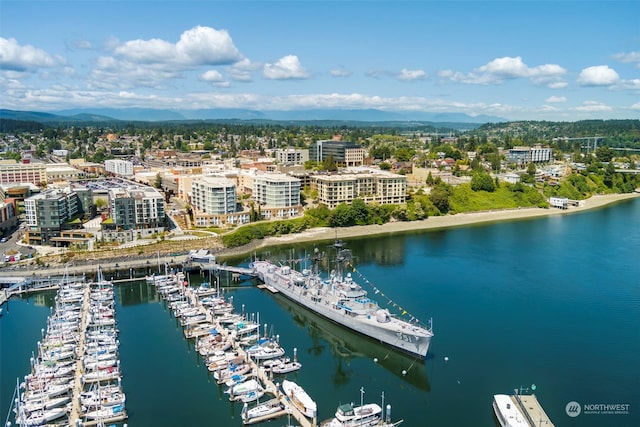 birds eye view of property featuring a water view