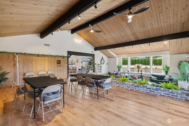 dining space with wood ceiling, visible vents, and wood finished floors