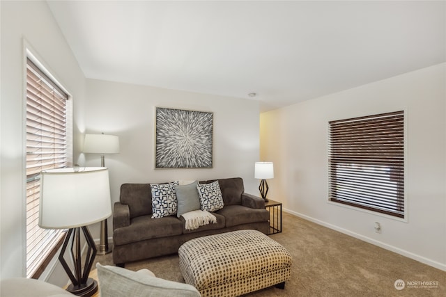 carpeted living room featuring baseboards