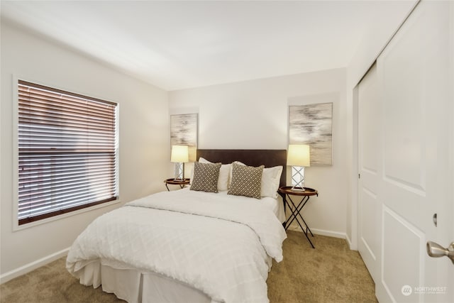 carpeted bedroom with a closet and baseboards