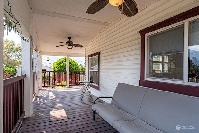 935 Sunrise Dr, Manson, WA 98831 - wooden deck featuring a ceiling fan and a porch