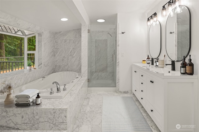 bathroom featuring vanity, tile patterned flooring, and shower with separate bathtub