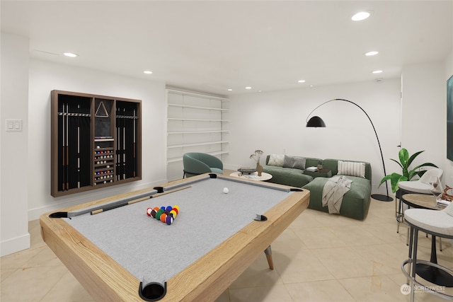 recreation room featuring built in shelves, pool table, and light tile patterned floors