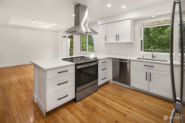 kitchen featuring a healthy amount of sunlight, light hardwood / wood-style flooring, stainless steel appliances, sink, and island exhaust hood