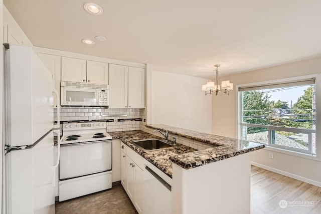 kitchen with white cabinetry, sink, white appliances, and kitchen peninsula