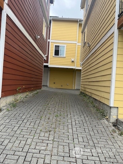 view of patio with a garage