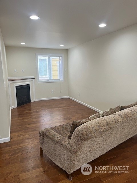 living room with dark hardwood / wood-style flooring