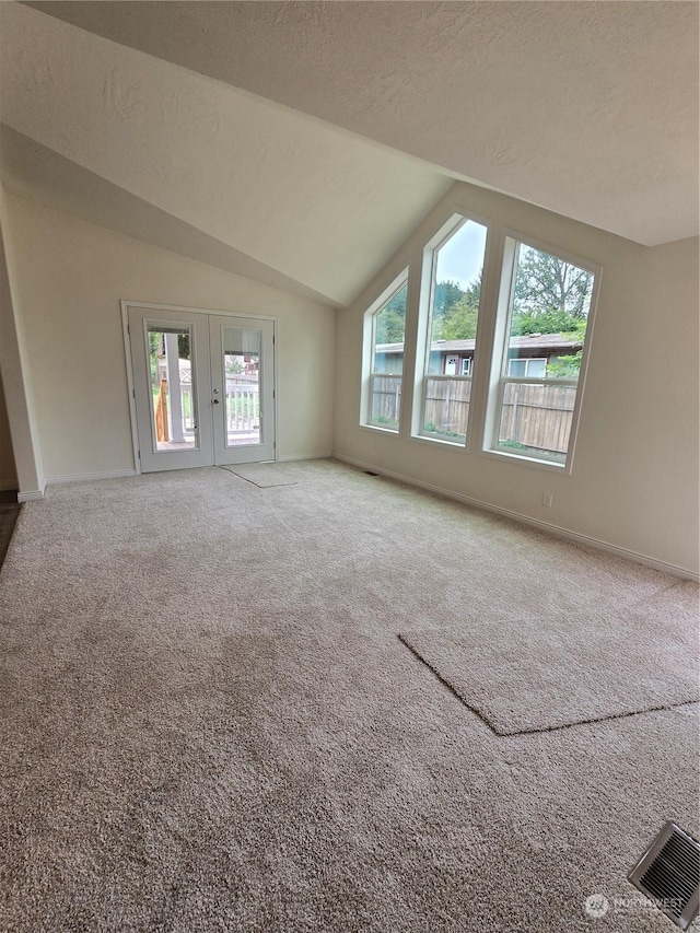 additional living space featuring lofted ceiling, a textured ceiling, carpet floors, visible vents, and baseboards