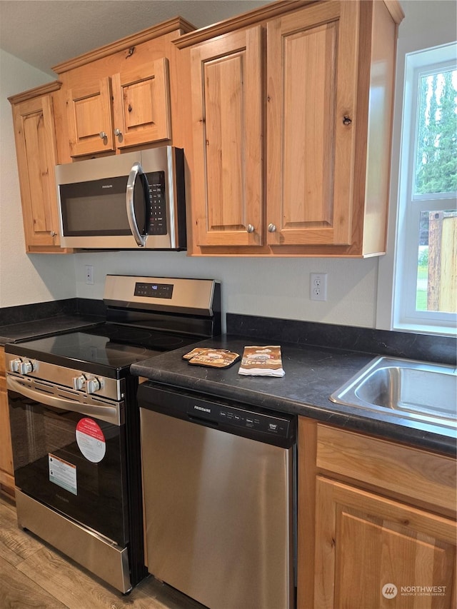 kitchen featuring light wood finished floors, appliances with stainless steel finishes, dark countertops, and a sink