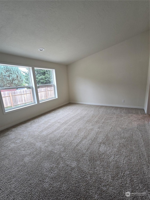 empty room featuring a textured ceiling, carpet flooring, and baseboards