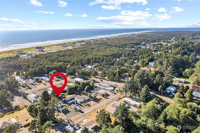 drone / aerial view with a water view and a beach view