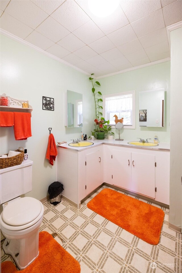 bathroom featuring vanity, ornamental molding, and toilet