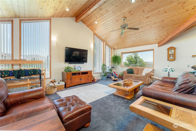 carpeted living room with beam ceiling, high vaulted ceiling, ceiling fan, and wooden ceiling