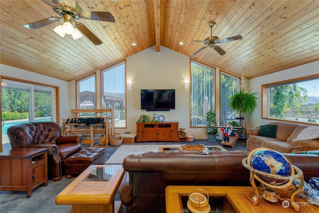 carpeted living room featuring beam ceiling, ceiling fan, high vaulted ceiling, and wood ceiling