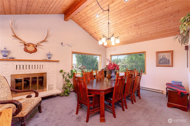 dining area featuring wood ceiling, beam ceiling, a brick fireplace, carpet, and a baseboard heating unit