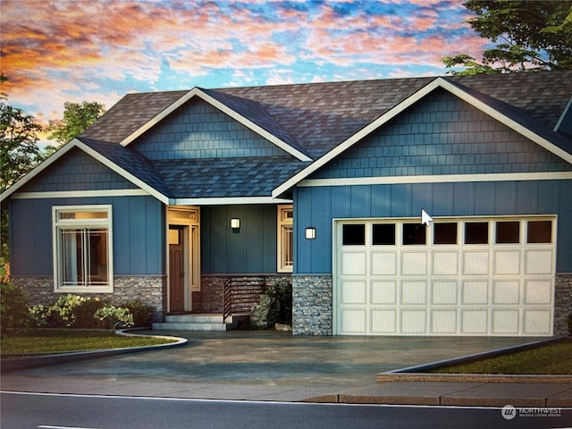 craftsman-style home with a shingled roof, stone siding, aphalt driveway, an attached garage, and board and batten siding