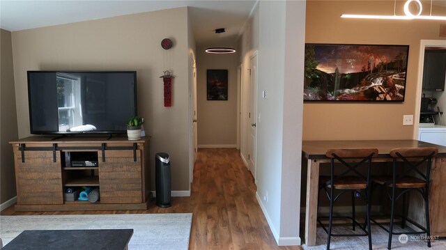 living room featuring washer / dryer, hardwood / wood-style flooring, and lofted ceiling