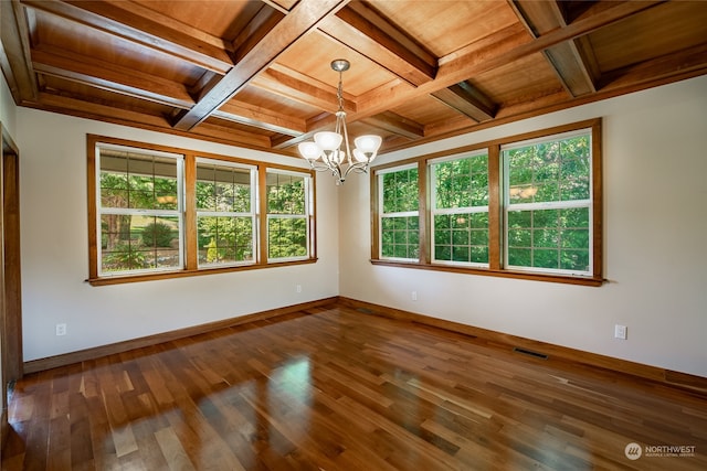 unfurnished room with wooden ceiling, a notable chandelier, coffered ceiling, and hardwood / wood-style flooring