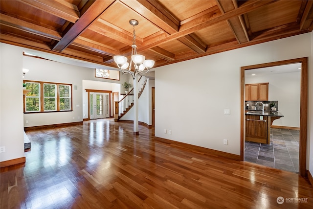 empty room featuring coffered ceiling, beamed ceiling, and dark hardwood / wood-style floors