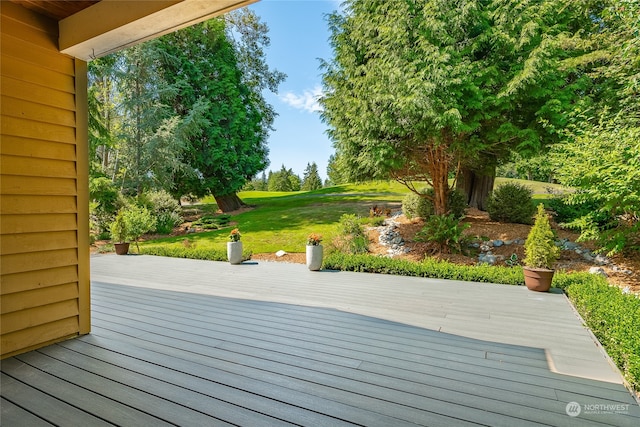 wooden deck featuring a lawn