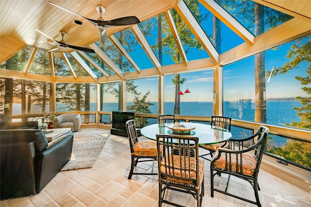 sunroom with a water view, wooden ceiling, and ceiling fan