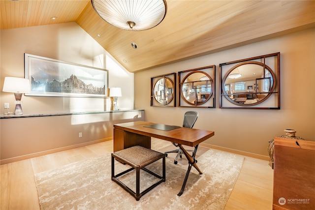 office with vaulted ceiling, wood ceiling, and light wood-type flooring