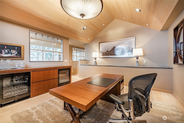 office with wood ceiling, light hardwood / wood-style flooring, and beverage cooler