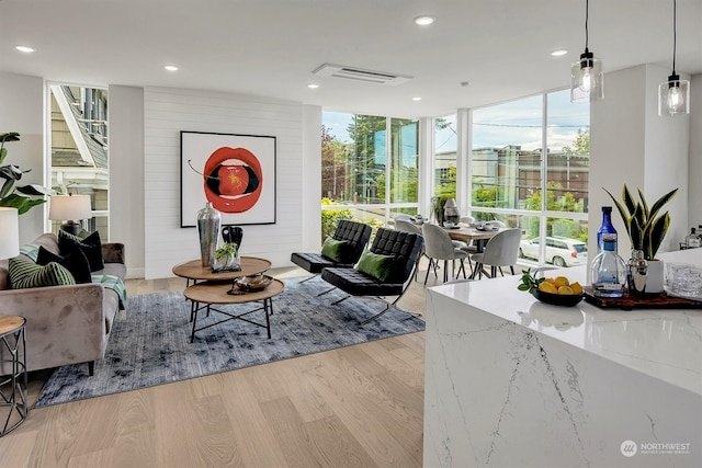 living room featuring expansive windows and light hardwood / wood-style floors