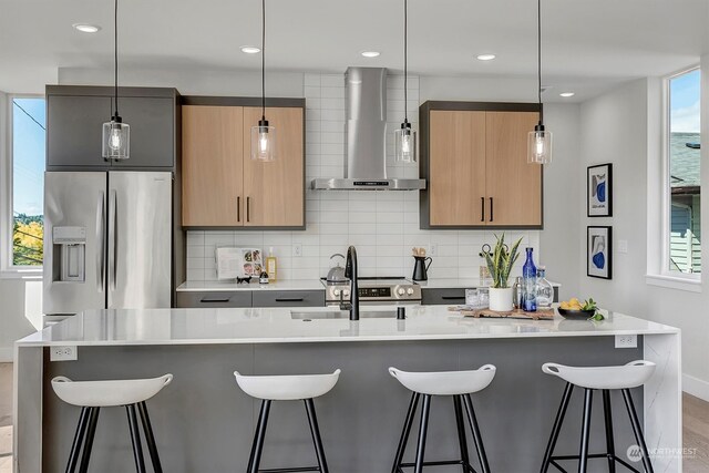 kitchen with exhaust hood, fridge, and a wealth of natural light