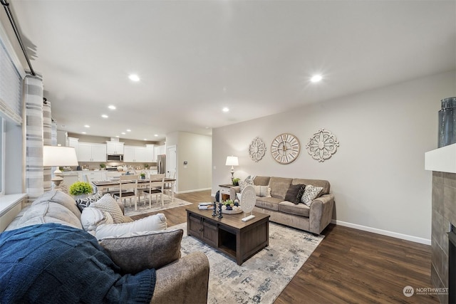 living room with a tiled fireplace and wood-type flooring