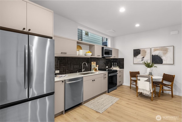 kitchen with tasteful backsplash, stainless steel appliances, light countertops, open shelves, and a sink