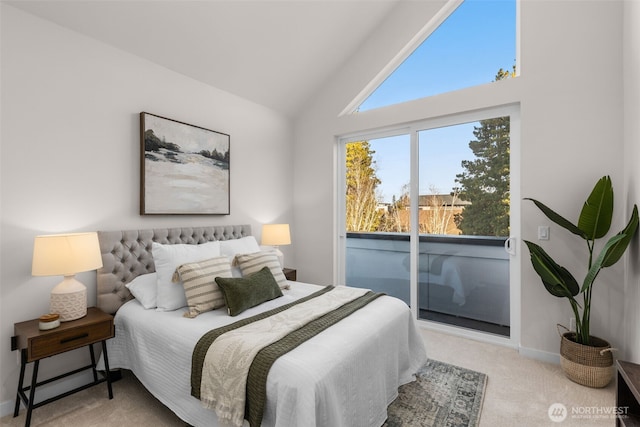 bedroom with lofted ceiling, access to outside, carpet floors, and baseboards