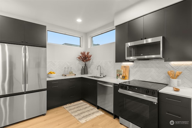 kitchen with appliances with stainless steel finishes, sink, light wood-type flooring, and decorative backsplash