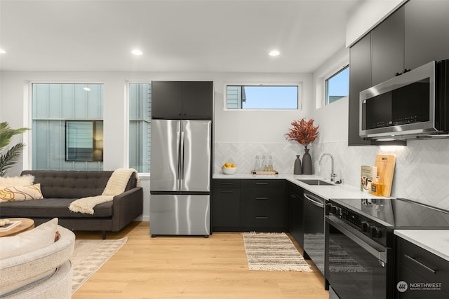 kitchen featuring appliances with stainless steel finishes, sink, light hardwood / wood-style flooring, and backsplash