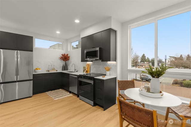 kitchen with sink, backsplash, stainless steel appliances, and light wood-type flooring